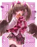  1girl absurdres artist_name blush bow brown_skirt brown_thighhighs cellphone checkered_clothes checkered_scarf checkered_skirt commentary_request cowboy_shot flip_phone hat highres himekaidou_hatate holding holding_phone long_hair long_sleeves looking_at_viewer miniskirt phone pink_bow pink_hat pink_scarf pink_skirt pointy_ears scarf shirt skirt solo thighhighs tokin_hat top-exerou touhou twintails two-tone_skirt white_shirt 