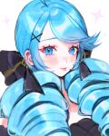  1girl absurdres aegyo_sal ahoge artist_name black_bow blue_eyes blue_hair blush bow close-up closed_mouth commentary drill_hair eyelashes glowing glowing_tattoo gwen_(league_of_legends) hair_bow hair_ornament hair_over_shoulder heterochromia highres league_of_legends loltinami long_hair looking_at_viewer mismatched_pupils neck_tattoo sidelocks simple_background solo swept_bangs symbol-shaped_pupils tattoo tongue tongue_out twin_drills upper_body watermark white_background x-shaped_pupils x_hair_ornament 