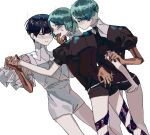  androgynous artist_request bangs blue_eyes blue_hair blunt_bangs commentary_request crystal_hair diffndk finger_in_mouth gem_uniform_(houseki_no_kuni) golden_arms green_eyes green_hair hand_on_another's_hip heterochromia highres holding_another's_arm holding_hands houseki_no_kuni multiple_others multiple_persona necktie phosphophyllite phosphophyllite_(ll) see-through selfcest short_hair smile sparkle spoilers white_background white_eyes 