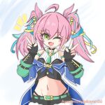  1girl ahoge arms_up artmage_litera ayasumi_(ayaslayer416) black_bustier black_choker black_gloves black_outline black_skirt blue_hair blue_jacket blue_ribbon bustier check_clothing chibi choker clothing_request collarbone commentary_request crop_top crossed_bangs double_v duel_monster elbow_gloves fang fingerless_gloves gloves green_eyes green_necktie green_sleeves hair_between_eyes hair_ribbon halterneck highres jacket looking_at_viewer medium_hair midriff multicolored_hair navel necktie notice_lines one_eye_closed open_mouth outline pink_hair ribbon shirt short_necktie simple_background skin_fang skirt sleeveless sleeveless_shirt smile solo streaked_hair twintails twitter_username two-tone_skirt upper_body v white_background white_outline white_shirt white_skirt yellow_ribbon yu-gi-oh! 
