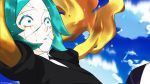  androgynous blue_sky cloud colored_eyelashes commentary_request crack cracked crying crying_with_eyes_open crystal_hair day falling gem_uniform_(houseki_no_kuni) genkou_teifujou gold golden_arms green_eyes green_hair houseki_no_kuni melting necktie phosphophyllite short_hair sky solo spoilers tears wide-eyed 