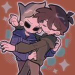  2boys animification antenna_hair black_pants blue_hoodie brown_hair brown_pants chinese_commentary closed_eyes commentary_request drawstring edd_(eddsworld) eddsworld green_hoodie grin hair_behind_ear highres hollow_eyes hood hood_down hoodie hug immuir long_sleeves male_focus multiple_boys outline pants short_hair smile spiked_hair tom_(eddsworld) white_outline 