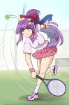  1girl alternate_breast_size_(larger) ball blush bow breasts chain-link_fence crescent crescent_hair_ornament failure fence hair_bow hair_ornament highres hitting holding holding_racket holding_tennis_racket long_hair medium_breasts motion_lines namiki_(remiter00) patchouli_knowledge pink_shirt pink_skirt playing_sports pleated_skirt polo_shirt ponytail purple_eyes purple_hair racket shirt shoes skirt sneakers socks solo sportswear standing standing_on_one_leg sweatband tennis tennis_ball tennis_court tennis_net tennis_racket tennis_serve tennis_skirt tennis_uniform touhou white_socks wristband 
