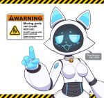 2025 4_fingers :3 anthro anthrofied arm_tattoo artist_logo bell bell_collar bellabot black_face blue_blush blue_eyes blue_fingers blue_inner_ear blue_mouth blue_nose blue_pawpads blush blush_lines breasts button_navel cel_shading cheek_tuft club_arms collar dialogue do_not_fist_android_girls domestic_cat english_text facial_tuft featureless_breasts felid feline felis female fingers floating_fingers for_a_head gesture half-closed_eyes half-length_portrait hand_gesture hazard_stripes hi_res ka-t logo machine mammal medium_breasts narrowed_eyes object_head open_:3 open_mouth pawpads pointing pointing_up portrait power_button power_symbol pudu_robotics razgrizdl robot robot_anthro robot_joints screen screen_face screen_head segmented_body shaded simple_background solo speech_bubble tattoo text thick_thighs tuft warning_sign white_background white_body wide_hips