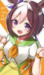  1girl absurdres animal_ears blush bow braid breasts brown_hair commentary_request ear_bow green_sailor_collar half_up_braid highres horse_ears horse_girl looking_at_viewer medium_breasts misonikomi multicolored_hair neckerchief open_mouth orange_neckerchief orange_skirt purple_bow purple_eyes sailor_collar shirt short_hair short_sleeves skirt smile special_week_(umamusume) two-tone_hair umamusume white_hair white_shirt yellow_skirt 
