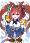  1girl absurdres aiguillette animal_ears black_thighhighs blue_bow blue_bowtie blue_jacket blue_skirt blush bow bowtie breasts brown_hair center_frills commentary_request daiwa_scarlet_(peak_blue)_(umamusume) daiwa_scarlet_(umamusume) epaulettes fang frills garter_straps hair_intakes highres horse_ears horse_girl horse_tail index_finger_raised jacket juliet_sleeves large_breasts layered_legwear layered_skirt long_hair long_sleeves looking_at_viewer misonikomi open_mouth puffy_sleeves red_eyes shirt skirt solo tail thighhighs tiara twintails umamusume very_long_hair white_shirt white_skirt white_thighhighs 