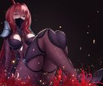  bangs bodysuit breasts commentary_request covered_mouth embers face_mask fate/grand_order fate_(series) feng_mouren gae_bolg highres large_breasts long_hair looking_at_viewer mask ninja_mask pauldrons polearm purple_hair red_eyes scathach_(fate)_(all) scathach_(fate/grand_order) shoulder_armor sidelocks sitting solo weapon 