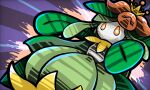  1girl bright_pupils colored_skin commentary crown flower full_body gold_crown green_hair green_skin hair_flower hair_ornament highres lilligant long_hair looking_at_viewer meruru_gu mini_crown monster_girl multicolored_skin no_mouth orange_eyes orange_flower plant_girl plant_hair pokemon pokemon_(creature) purple_background simple_background solo standing two-tone_skin untranslatable_commentary white_pupils white_skin yellow_crown 