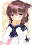  anchor_symbol bangs blue_sailor_collar blush bread brown_eyes brown_hair commentary_request eating eyebrows_visible_through_hair folded_ponytail food food_in_mouth food_on_face hair_between_eyes hair_ornament hairclip hands_up holding holding_food inazuma_(kantai_collection) kantai_collection long_sleeves looking_at_viewer melon_bread neckerchief niruanu_(nitayam) notice_lines pink_neckwear sailor_collar school_uniform serafuku shirt sleeves_past_wrists solo white_shirt 