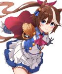  1girl absurdres animal_ears ascot asymmetrical_gloves black_gloves blue_eyes blush breasts brown_hair buttons cape closed_mouth commentary_request double-breasted epaulettes gloves hair_between_eyes highres horse_ears horse_girl horse_tail jacket long_hair long_sleeves looking_at_viewer mismatched_gloves misonikomi multicolored_hair multicolored_jacket pink_ascot ponytail red_cape simple_background single_epaulette single_hair_streak skirt small_breasts smile solo streaked_hair tail tokai_teio_(peak_joy)_(umamusume) tokai_teio_(umamusume) two-tone_hair two-tone_jacket two-tone_skirt umamusume white_background white_gloves white_hair white_jacket white_skirt white_streaks 