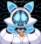 2025 4_fingers :3 abstract_background anthro anthrofied arm_tattoo artist_name bell bell_collar bellabot black_face blue_blush blue_eyebrows blue_eyes blue_fingers blue_inner_ear blue_mouth blue_nose blue_pawpads blush blush_lines breasts bust_portrait cel_shading cheek_tuft circuitry club_arms collar domestic_cat eyebrows facial_tuft featureless_breasts felid feline felis female finger_on_face fingers floating_fingers for_a_head glowing glowing_eyes glowing_fingers glowing_mouth glowing_nose glowing_pawpads hi_res ka-t lasanapink looking_at_viewer machine mammal medium_breasts object_head open_:3 open_mouth open_smile pawpads portrait pudu_robotics robot robot_anthro robot_joints screen screen_face screen_head segmented_body shaded small_eyebrows smile solo tattoo text tuft white_body