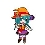  1girl :d aqua_eyes aqua_hair bare_shoulders black_boots black_outline blush boots bow chibi chibi_only collar detached_sleeves full_body game_asset hair_between_eyes hair_tie halloween hand_up hat hat_bow hatsune_miku hatsune_miku_graphy_collection jack-o'-lantern_hat_ornament knee_boots layered_skirt long_hair looking_at_viewer low_twintails open_mouth orange_hat orange_shirt outline pantyhose puffy_short_sleeves puffy_sleeves purple_skirt red_bow red_collar red_sash sash shirt short_sleeves skirt smile solo standing striped_clothes striped_pantyhose striped_sleeves suspender_skirt suspenders transparent_background twintails vocaloid witch_hat 