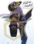  absurdres aiming aiming_at_viewer alternate_costume armband black_coat black_jacket black_necktie black_pants blue_archive coat cosplay eri_(blue_archive) grey_hair gun halo highres holding holding_gun holding_weapon jacket julmunui_songsari korean_text limbus_company looking_at_viewer necktie open_mouth pants project_moon purple_armband shirt shouting speech_bubble translation_request weapon white_shirt wildhunt_art_academy_logo yellow_eyes yellow_halo 