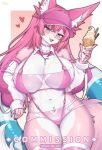  1girl animal_ear_fluff animal_nose bare_shoulders bikini blue_eyes blush border breasts brown_background cameltoe cleavage commentary commission cowboy_shot crossed_bangs detached_collar detached_sleeves english_commentary fangs food food_on_body food_on_breasts furry furry_female heart highres holding holding_ice_cream_cone ice_cream ice_cream_cone innertube jewelry large_breasts linea_alba long_hair looking_at_viewer mo_(k40633) multi-strapped_bikini_bottom navel necklace open_mouth original pink_fur pink_hair red_nails see-through_clothes sitting sleeves_past_wrists slingshot_swimsuit solo stomach swim_ring swimsuit tail teeth thick_thighs thighs two-tone_fur white_border white_fur wolf_girl wolf_tail 