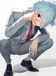  1boy black_shoes blue_hair braid cebo-kun_(kobo_kanaeru) eyepatch genderswap genderswap_(ftm) gradient_hair grey_jacket grey_pants grey_suit highres hololive hololive_indonesia jacket kobo_kanaeru kumano_yume looking_at_viewer male_focus medical_eyepatch monitoring_(vocaloid) multicolored_hair necktie open_mouth pants red_necktie shirt shoes short_hair solo squatting suit virtual_youtuber white_hair white_shirt 