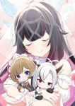  3girls animal_ears arlecchino_(genshin_impact) black_eyes black_hair blonde_hair blue_eyes cat_ears chibi closed_eyes closed_mouth colored_inner_hair columbina_(genshin_impact) commentary_request dress fukaya_miku genshin_impact gradient_hair hair_ornament head_wings highres long_hair multicolored_hair multiple_girls pink_hair red_pupils sandrone_(genshin_impact) smile symbol-shaped_pupils two-tone_hair veil white_dress white_hair white_veil wings x-shaped_pupils 