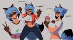 2026 anthro big_breasts birthday birthday_cake birthday_candle blue_background blue_hair bottomwear brand_new_animal breasts cake candle canid canine clothed clothing crop_top cupcake dessert digital_media_(artwork) dipstick_tail english_text facial_markings female food fur gesture gloves_(marking) grey_background grey_clothing grey_shirt grey_topwear hair hand_gesture happy head_markings hi_res holding_cupcake holding_food holding_object jacket looking_at_viewer lumystical mammal markings mask_(marking) michiru_kagemori orange_body orange_fur pants raccoon_dog shirt signature simple_background smile solo studio_trigger tail tail_markings tanuki text thanking thong_straps tight_bottomwear tight_clothing tight_pants topwear v_sign