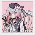  1girl beret black_choker black_hat choker colored_extremities colored_skin commentary fang fingernails flower gradient_hair hair_ornament hat hat_flower highres looking_at_viewer mahou_shoujo_no_majo_saiban multicolored_hair parted_lips pink_eyes sakuraba_ema sharp_fingernails short_hair skeletal_wings skin_fang solo spoilers superbigneet untranslatable_commentary w white_flower white_hair wings witch_(manosaba) x_hair_ornament 