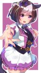  1girl absurdres animal_ears blush bow braid breasts brown_hair collared_shirt commentary_request ear_bow ear_ribbon half_up_braid highres horse_ears horse_girl horse_tail jacket looking_at_viewer misonikomi multicolored_hair open_mouth outstretched_arm purple_bow purple_eyes purple_ribbon purple_vest reaching reaching_towards_viewer ribbon shirt short_hair short_sleeves skirt smile special_week_(special_dreamer)_(umamusume) special_week_(umamusume) tail thighhighs two-tone_hair umamusume vest white_hair white_shirt white_thighhighs wristband 