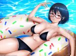  asobi_asobase bangs bare_shoulders bikini black-framed_eyewear black_bikini blue_hair blush breasts caustics cleavage closed_mouth commentary_request dark_blue_hair day easonx error glasses hair_between_eyes innertube large_breasts legs_together lips looking_at_viewer lying navel nomura_kasumi on_back orange_eyes outdoors shiny shiny_hair shiny_skin short_hair solo sweatdrop swimsuit water 