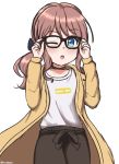  :o absurdres ahoge bang_dream! bangs bespectacled blue_eyes blush brown_hair brown_legwear choker clothes_writing collarbone eyebrows_visible_through_hair glasses hair_ornament hair_ribbon happy highres jacket looking_at_viewer medium_hair nan0teck one_eye_closed open_mouth ponytail ribbon shirt shirt_tucked_in solo standing swept_bangs t-shirt twitter_username wavy_hair yamabuki_saaya 