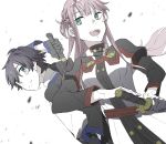  1girl alternate_costume bangs black_gloves black_hair blue_eyes breasts commentary_request couple darling_in_the_franxx fangs floating_hair gloves green_eyes hair_ornament hairband hetero hiro_(darling_in_the_franxx) holding holding_sheath holding_sword holding_weapon horns leje39 long_hair long_sleeves medium_breasts military military_uniform oni_horns pale_skin pink_hair red_horns sheath sheathed sword sword_art_online sword_art_online_the_movie:_ordinal_scale sword_behind_back uniform weapon white_hairband zero_two_(darling_in_the_franxx) 