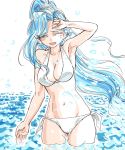  blue_hair breasts chrono_trigger cleavage commentary_request groin large_breasts long_hair looking_at_viewer ponytail s-a-murai schala_zeal solo swimsuit 