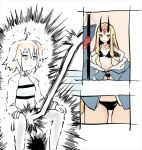  ahoge akiyama_yuuji_(naruko-tei) bikini black_bikini blonde_hair chaldea_uniform comic commentary_request fate/grand_order fate_(series) fujimaru_ritsuka_(female) giant_(manga) hair_ornament hair_scrunchie holding ibaraki_douji_(fate/grand_order) ibaraki_douji_(swimsuit_lancer)_(fate) implied_yuri lightning meme multiple_girls navel orange_hair pantyhose scrunchie side_ponytail silent_comic sitting slit_pupils swimsuit yellow_eyes 