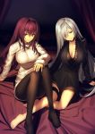 barefoot bed black_dress breasts brynhildr_(fate) cleavage collarbone dress fate/grand_order fate_(series) hair_intakes hair_over_one_eye kawanakajima large_breasts long_hair long_sleeves looking_at_viewer multiple_girls pantyhose purple_eyes purple_hair red_eyes ribbed_sweater scathach_(fate)_(all) scathach_(fate/grand_order) seamed_legwear silver_hair smile sweater thigh_strap very_long_hair 