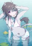  anthro bikini black_hair bovine breasts cattle clothed clothing coffeechicken female flower food hair horn lily_pad mammal open_mouth partially_submerged plant purple_eyes small_breasts small_moo smile solo standing swimsuit thigh_gap water wet wide_hips 