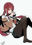  belt black_legwear blue_eyes brown_hair collared_shirt cup futatugikota highres jacket long_hair long_sleeves looking_at_viewer makise_kurisu mug necktie off_shoulder pantyhose shirt short_shorts shorts signature simple_background steins;gate straight_hair white_background 