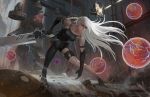  android armlet bare_shoulders battle black_gloves black_shorts blue_eyes breasts collarbone commentary debris drone elbow_gloves electricity english_commentary fighting_stance gloves holding holding_sword holding_weapon long_hair machine_(nier) medium_breasts mole mole_under_mouth nier_(series) nier_automata orb outdoors pink_lips pod_(nier_automata) robot robot_joints short_shorts shorts silver_hair sword sword_behind_back tank_top weapon yagaminoue yorha_type_a_no._2 