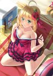  barefoot blonde_hair blush breasts cleavage cooler eyebrows_visible_through_hair fate/grand_order fate_(series) flower frills from_above green_eyes hair_flower hair_ornament hibiscus highres large_breasts looking_at_viewer looking_up modern_costume_of_crimson nero_claudius_(fate) nero_claudius_(fate)_(all) nero_claudius_(swimsuit_caster)_(fate) one-piece_swimsuit red_swimsuit shoes_removed short_hair sitting skywaker smile swimsuit undressing 