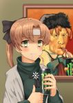  akigumo_(kantai_collection) bags_under_eyes black_ribbon brown_hair can commentary_request drinking_straw drooling energy_drink fine_art_parody green_eyes green_sweater hair_ribbon highres kantai_collection long_hair looking_at_viewer mole mole_under_eye monster_energy painting_(object) parody ponytail ribbon self-portrait_with_bandaged_ear shawl soda_can solo soushou_nin sweater thumbs_up upper_body vincent_van_gogh_(style) 