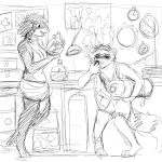  anthro bikini bikini_top black_and_white bottle breasts cleavage clock clothed clothing comic duo eyes_closed female fish flower hair hladilnik male mammal map marine monochrome plant procyonid raccoon respirator scuba_gear shark shell standing swimsuit tank terrarium underwater vehicle water 