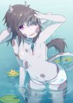  anthro black_hair bovine boy_shorts breasts cattle clothed clothing coffeechicken female flower food hair horn lily_pad mammal nipples open_mouth partially_submerged plant purple_eyes small_breasts small_moo smile solo standing thigh_gap topless underwear water wet wide_hips 