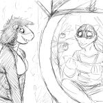  anthro bikini bikini_top black_and_white breasts clothed clothing comic duo female fish gills hair hladilnik holding_object looking_down male mammal marine monochrome open_mouth open_smile procyonid raccoon shark shell smile swimsuit teeth terrarium underwater water 