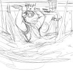  anthro black_and_white comic dialogue english_text fangs hladilnik inside male mammal monochrome open_mouth partially_submerged procyonid raccoon solo text water 