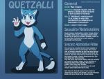  anthro biography blue_eyes blue_fur cat collar darkmirage english_text feline fur male mammal model_sheet nude pawpads quetzalli_(character) solo standing text 