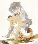  animal_ears animal_print bare_shoulders barefoot blonde_hair carrying center_frills commentary_request elbow_gloves eyebrows_visible_through_hair fingerless_gloves fur_collar gloves grey_hair jaguar_(kemono_friends) jaguar_ears jaguar_print jaguar_tail kemono_friends konabetate multicolored_hair multiple_girls one-piece_swimsuit otter_ears otter_tail partially_submerged short_hair short_sleeves shoulder_carry small-clawed_otter_(kemono_friends) sweatdrop swimsuit tail thighhighs toeless_legwear white_hair 