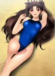  1girl arm_up armpits bangs bare_arms bare_legs bare_shoulders black_hair blue_swimsuit blush breasts covered_navel earrings fate/grand_order fate_(series) happy highres ishtar_(fate/grand_order) jewelry legs long_hair looking_at_viewer lying medium_breasts open_mouth red_eyes sand shiny shiny_clothes shiny_skin smile solo swimsuit thighs tohsaka_rin twintails yadokari_genpachirou 