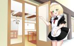  :d apron black_dress blonde_hair blush ceiling_light chain commentary_request door dress frilled_apron frills glass_door green_eyes hand_up head_tilt looking_at_viewer maid_apron maid_headdress male_focus nijisanji open_mouth otoko_no_ko outdoors pleated_dress puffy_short_sleeves puffy_sleeves shirihime short_dress short_sleeves smile solo standing suzuya_aki table upper_teeth virtual_youtuber waitress white_apron window wooden_floor 