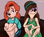  2018 anthro beauty_mark breasts brown_hair canine clothed clothing digital_media_(artwork) disney dog duo ear_piercing eyewear female fur glasses goof_troop hair long_hair mammal oddbaillie piercing red_hair roxanne_(goof_troop) sitting stacey_(goof_troop) tan_fur 