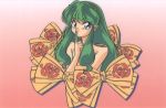  80s blue_eyes bow finger_to_mouth gradient gradient_background green_hair index_finger_raised long_hair lum non-web_source official_art oldschool oni_horns pointy_ears sidelocks smile solo upper_body urusei_yatsura 