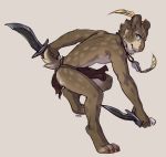  2018 action_pose anthro blue_eyes brown_fur clothing digital_media_(artwork) ear_piercing feline fur holding_object holding_weapon loincloth lukiri male mammal piercing pink_nose pose solo tan_fur weapon 