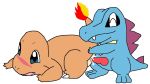  ambiguous_gender ambiguous_penetrated ambiguous_penetration animal_genitalia blush charmander cum cum_in_pussy cum_inside duo feral feral_on_feral from_behind_position interspecies knot male male/ambiguous male_penetrating mounting nintendo penetration penis pok&eacute;mon pok&eacute;mon_(species) scalie sex simple_background totodile vaginal video_games white_background zoxious 