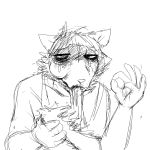  anthro black_and_white comic eating half-closed_eyes hladilnik looking_at_viewer male mammal monochrome ok_sign procyonid raccoon solo tears underwater water 