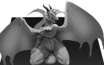  2018 anthro argenta breasts clothing dragon female front_view greyscale horn hybrid kneeling kobold looking_at_viewer monochrome pinup pose sal-sal scalie seductive simple_background solo spread_wings teeth thick_tighs wings 