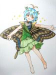  :d absurdres barefoot blue_hair blush butterfly_wings dress eternity_larva full_body green_dress grey_background head_tilt highres leaf leaf_on_head looking_at_viewer open_mouth orange_eyes outstretched_arms sasa_kichi short_hair short_sleeves smile solo sparkle spread_arms standing touhou traditional_media wings 