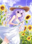  covered_nipples d-pad d-pad_hair_ornament dress flower hair_ornament hat highres kazuneko_(wktk1024) long_hair looking_at_viewer nepgear neptune_(series) purple_eyes purple_hair see-through solo straw_hat sunflower white_dress 